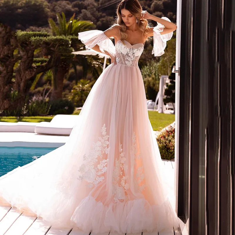 Eightree Boho Rožinė Vestuvių Suknelės Derlius Nuimamas Rankovės Nuotakos Suknelė 2021 Nėrinių Vestuvių Suknelės Derliaus Vestidos de Noivas 0