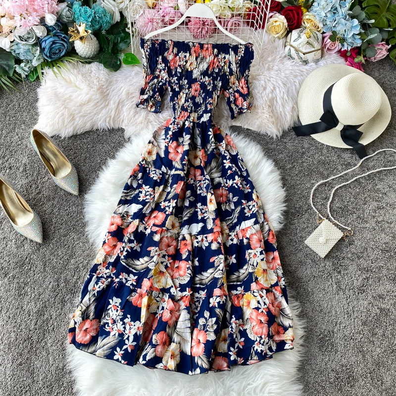 Boho derliaus 2021 gėlių spausdinti Seksualus Off Peties suknelė Vasaros midi ilgio Suknelė Šalies Moterų elegantiškas paplūdimys atostogų tunika suknelė 0