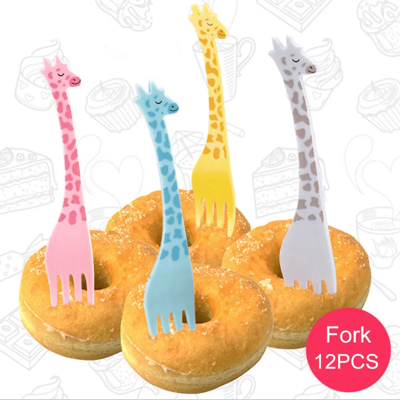 12Pcs Maisto kokybės Maisto Susitvarko Mielas Animacinių filmų Žirafa Formos Salotos Dykumos Šakių Vaikų Stalo Plastikiniai Virtuvės Įrankis Vaisių Užkandžių Šakutės 1