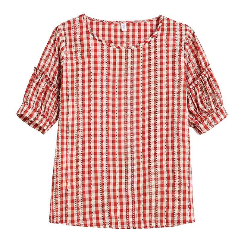 Raudonas Pledas Šifono Marškinėliai Moterų 2020 M. Vasarą Apvalios Apykaklės Trumpą Šifono rankovėmis Marškinėliai Viršuje Plaid Marškinėliai Moterims Palaidinės Mažų Šviežių 2