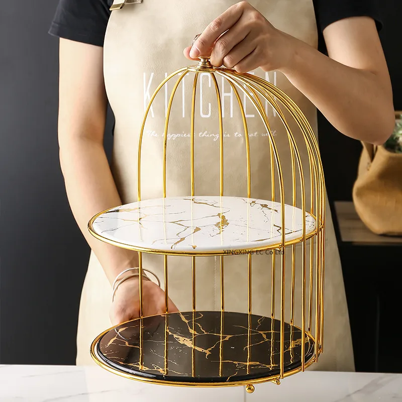 Aukso marmuro stalo desertas plokštės keramikos dvigubas tortas dėklas kosmetikos darbalaukio saugojimo dėklas popietės arbata, desertas display rack 0