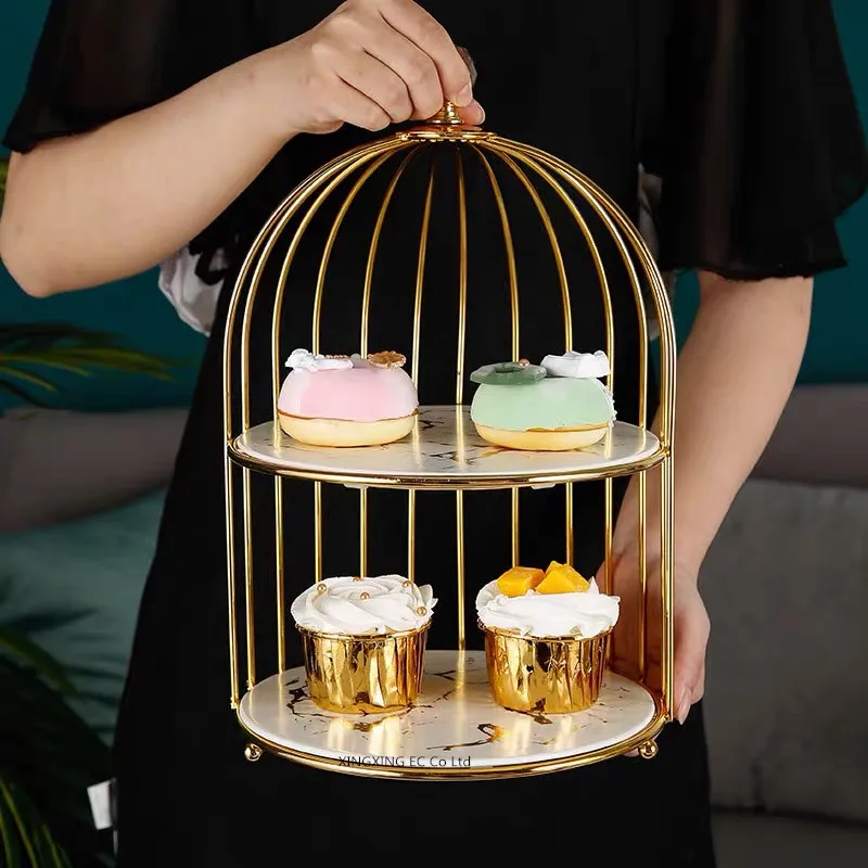 Aukso marmuro stalo desertas plokštės keramikos dvigubas tortas dėklas kosmetikos darbalaukio saugojimo dėklas popietės arbata, desertas display rack 1