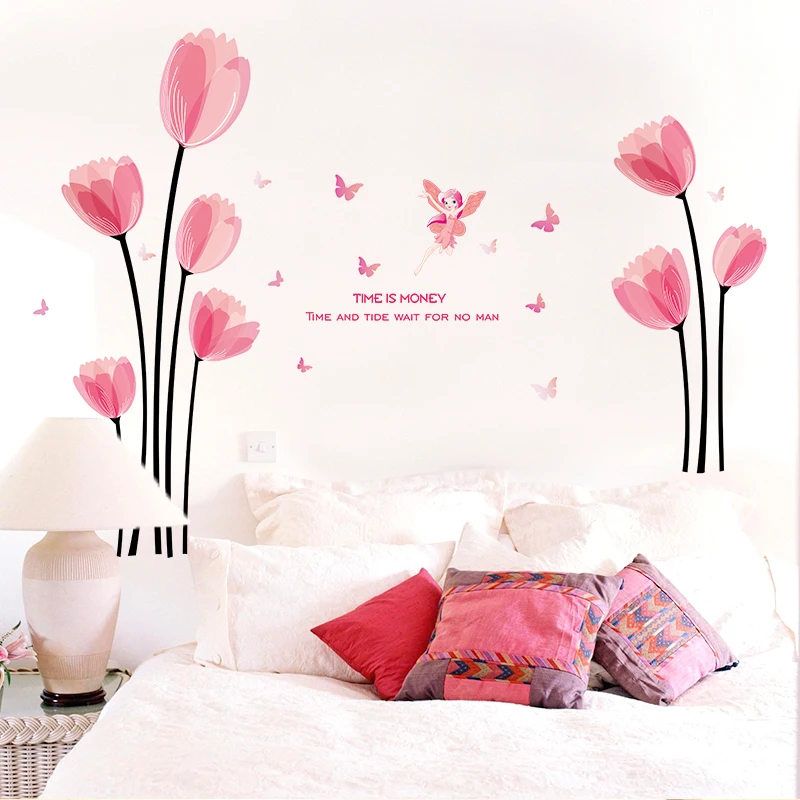 Romantiška Pink Tulip Gėlių Sienų Lipdukai, Vinilo 