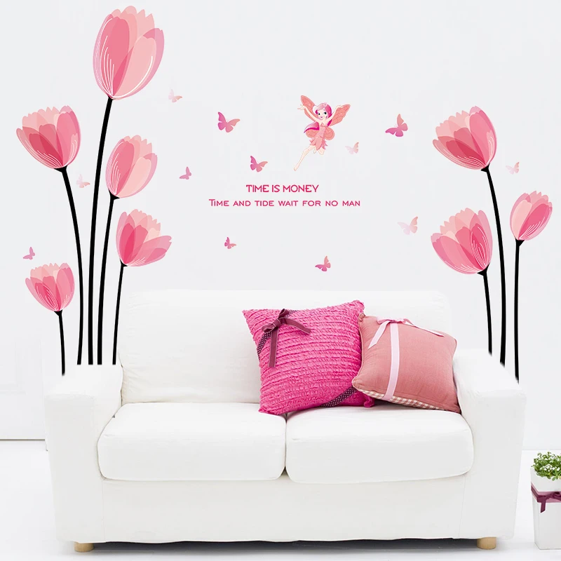 Romantiška Pink Tulip Gėlių Sienų Lipdukai, Vinilo 