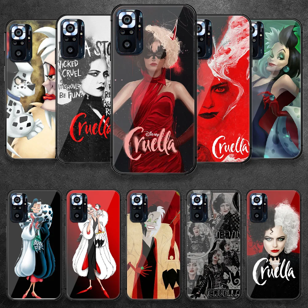 Cruella Grūdintas Stiklas Telefono Dėklas Padengti Xiaomi Redmi Pastaba 7 8 9 10 A C T S Pro K 30 40 Etui Coque Silikono Juoda 2