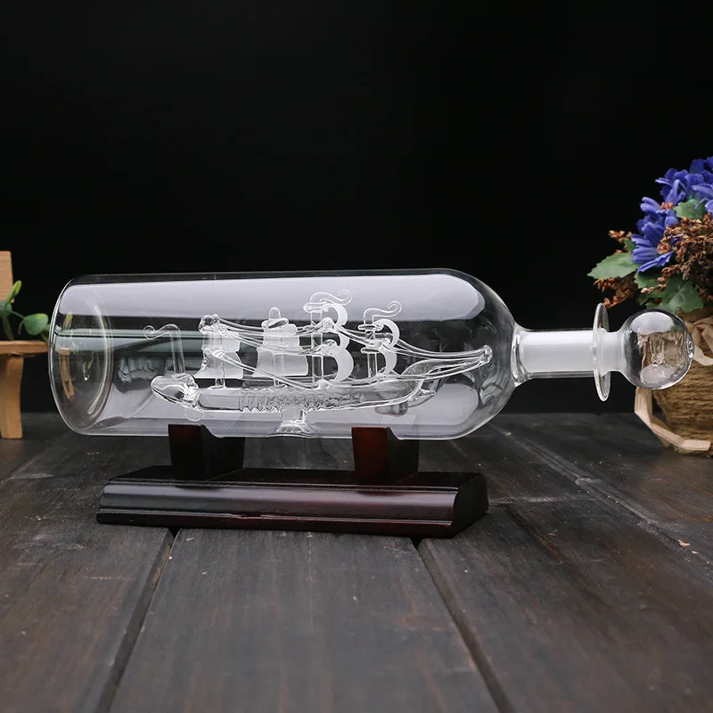 Burlaivis Nutolimas Buteliuke Su Mediniais 3D Dekoratyvines Stiklo Papuošalas Laivo Vyno Butelis 24x10.2cm Namų Puošybai Kambario Dekoro 0