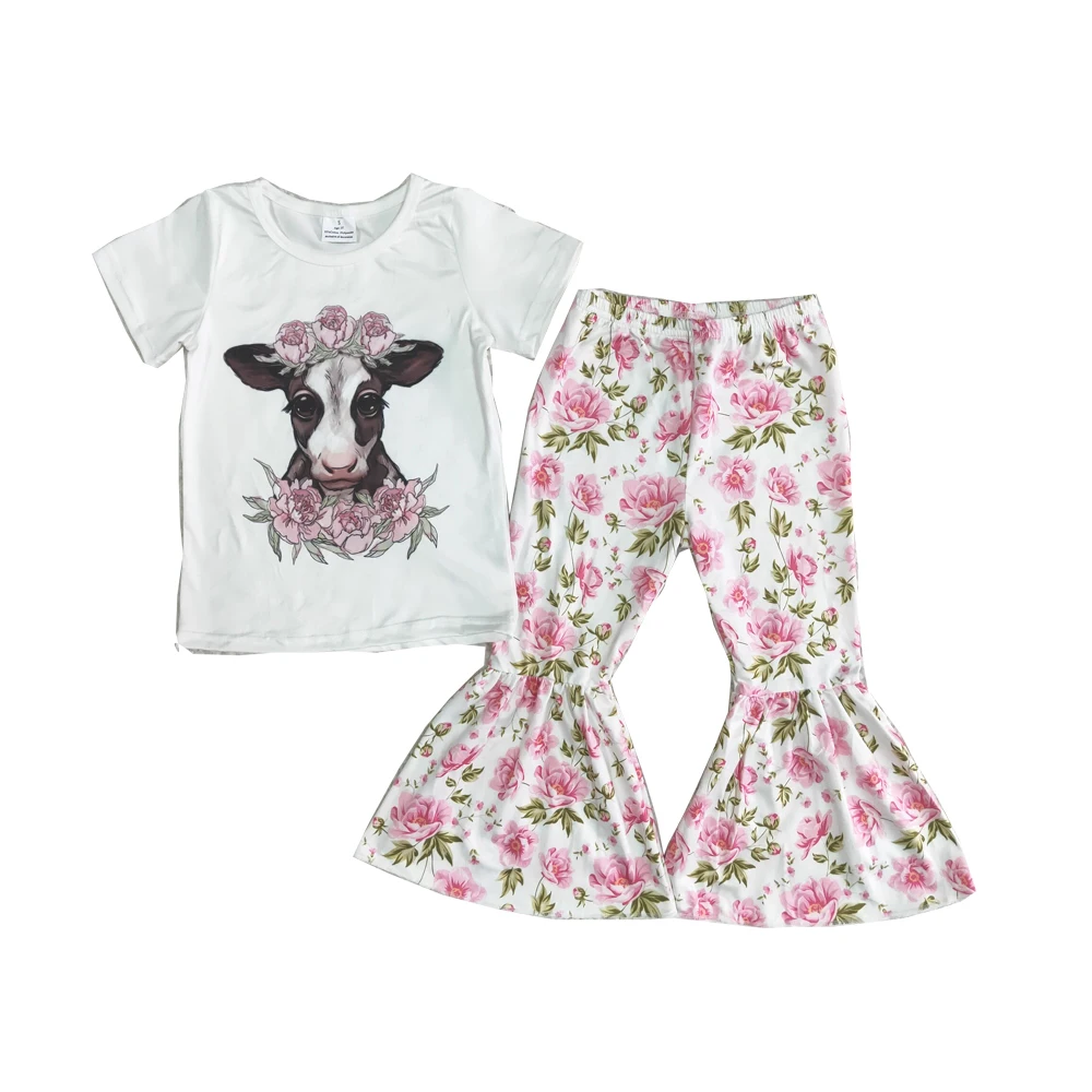 Naujas Atvykimo Bamblys Mergina, Pavasario T-Marškinėliai, Drabužiai Babys Karvių Ir Gėlių Spausdinti į Viršų Varpai 2Pieces Rinkinys 0
