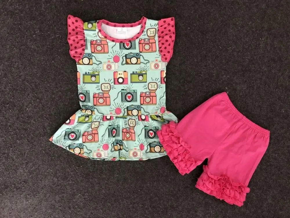 Naujas atvykimo fotoaparato komplektus kūdikių mergaičių mielas animacinių filmų marškinėliai+raudona medvilnė šortai 2 vnt. rinkinys vaikams boutique vaikų drabužių gxj 0
