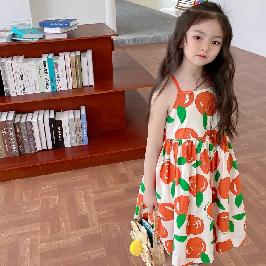 Kūdikių mergaičių drabužius vasarą 2021 Saldžių vaisių, spausdinimo didelis sijonas suspender suknelė medvilnės atsitiktinis vaikai suknelė 4