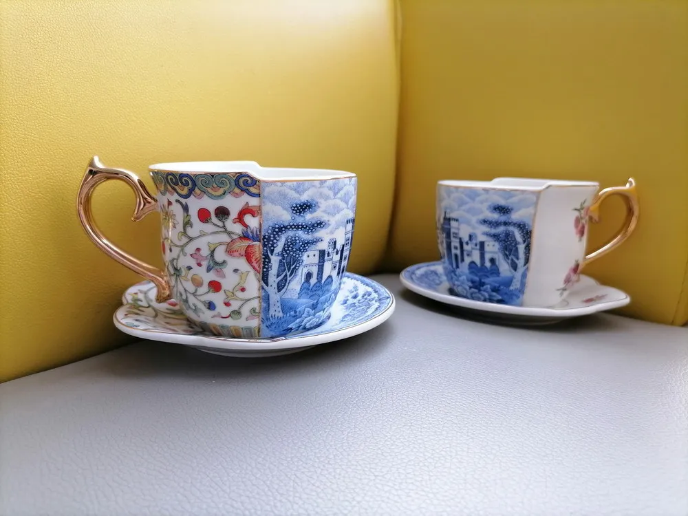 Derinys Kinijos ir Vakarų Mėlynos ir Baltos spalvos keramikinis Puodelis, Prabangus Retro Šviesos Prabanga Aukso Dažytos Kavos Puodelis ir Lėkštelė 1