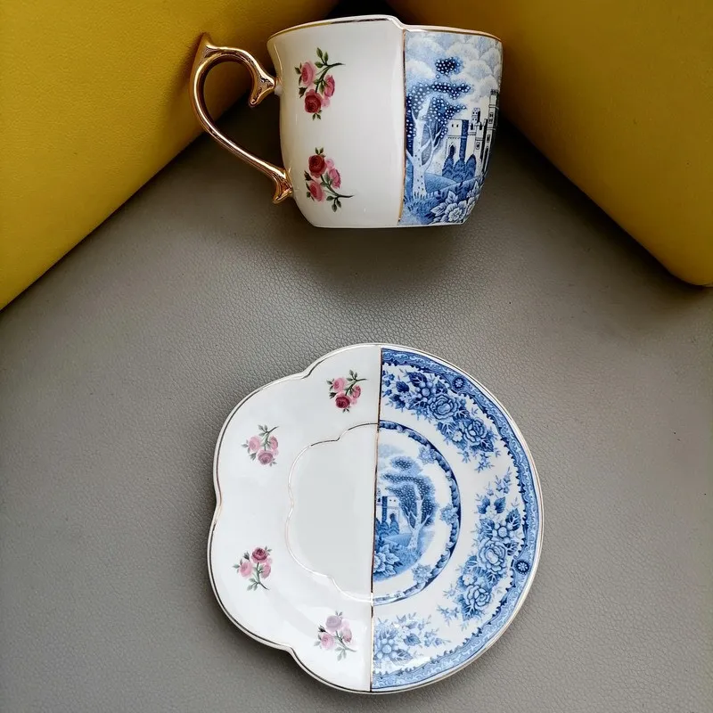Derinys Kinijos ir Vakarų Mėlynos ir Baltos spalvos keramikinis Puodelis, Prabangus Retro Šviesos Prabanga Aukso Dažytos Kavos Puodelis ir Lėkštelė 4