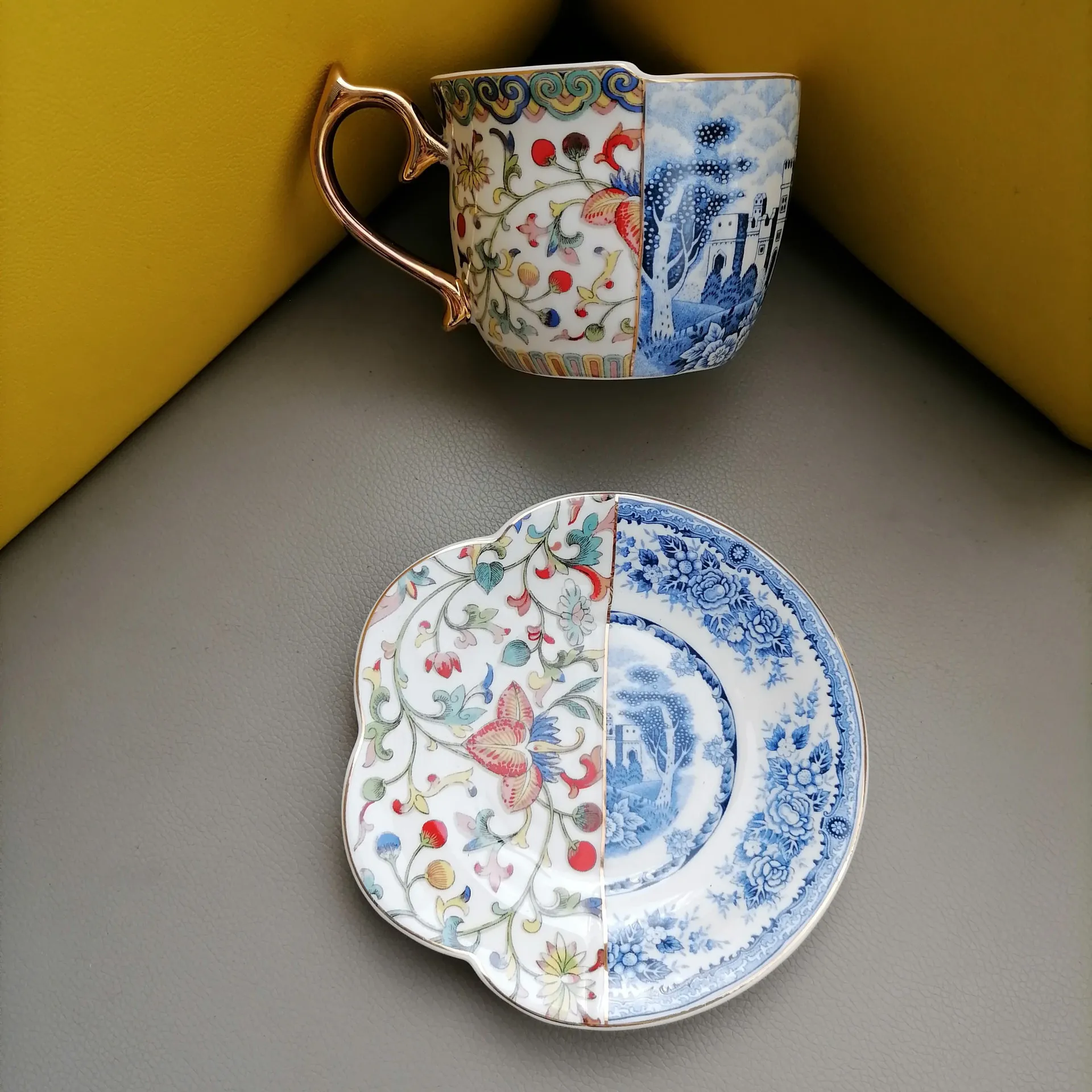 Derinys Kinijos ir Vakarų Mėlynos ir Baltos spalvos keramikinis Puodelis, Prabangus Retro Šviesos Prabanga Aukso Dažytos Kavos Puodelis ir Lėkštelė 5