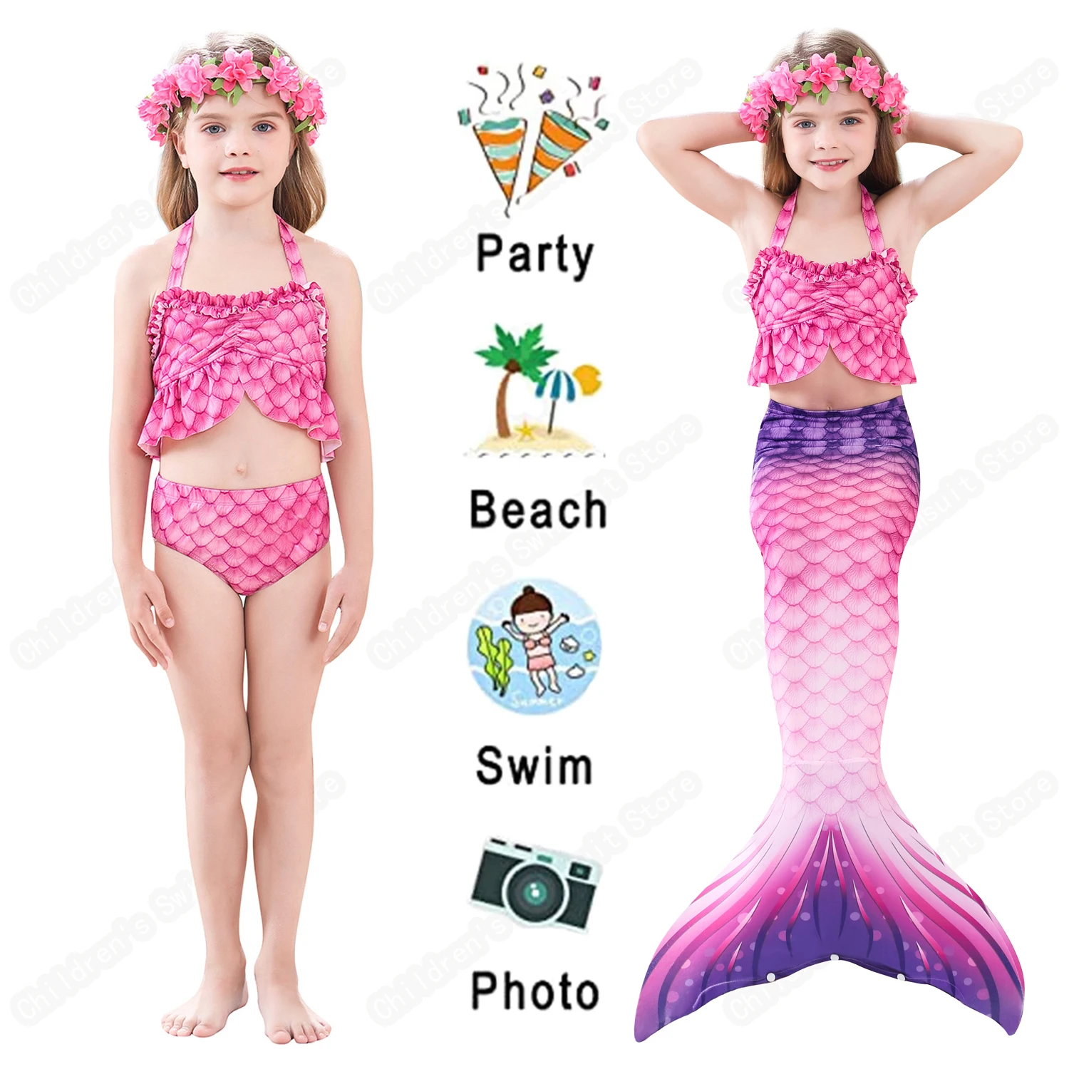 Cosfans Mergaičių Vasaros Undinėlės Uodega maudymosi kostiumėlį Vaikų Cosplay Kostiumu Komiksų Paroda Princesė Suknelė Undinė Bikini 3PCS 2