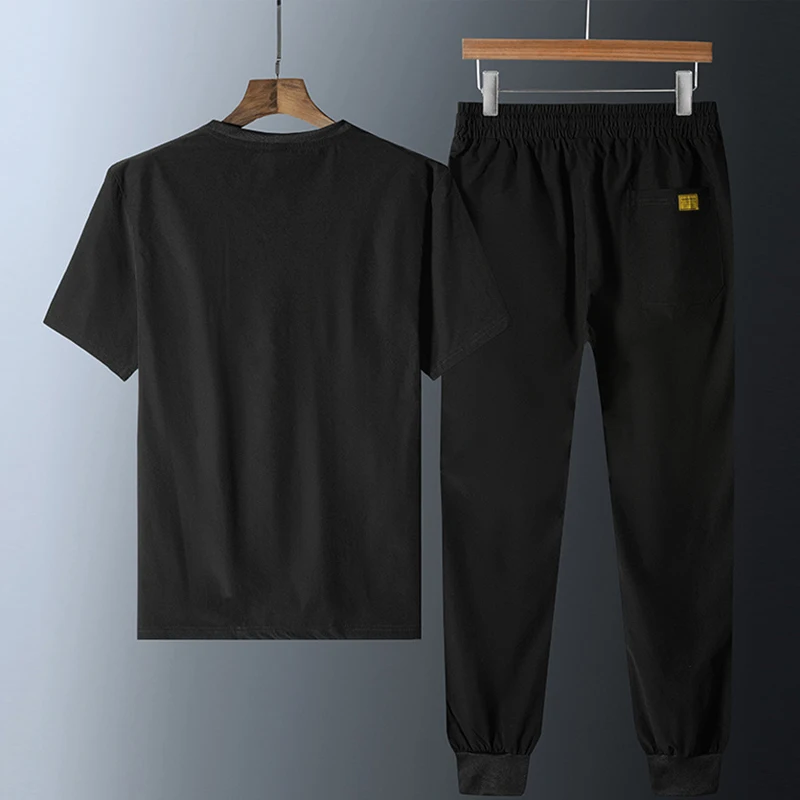 Vyrų Rinkiniai Vasaros Tracksuit Kvėpuojantis Sweatsuit Sweatpants Jogger Vyrų Atsitiktinis vientisos Spalvos marškinėliai+Kelnės Vyras 2-piece Set HA214 0