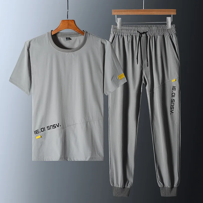 Vyrų Rinkiniai Vasaros Tracksuit Kvėpuojantis Sweatsuit Sweatpants Jogger Vyrų Atsitiktinis vientisos Spalvos marškinėliai+Kelnės Vyras 2-piece Set HA214 3