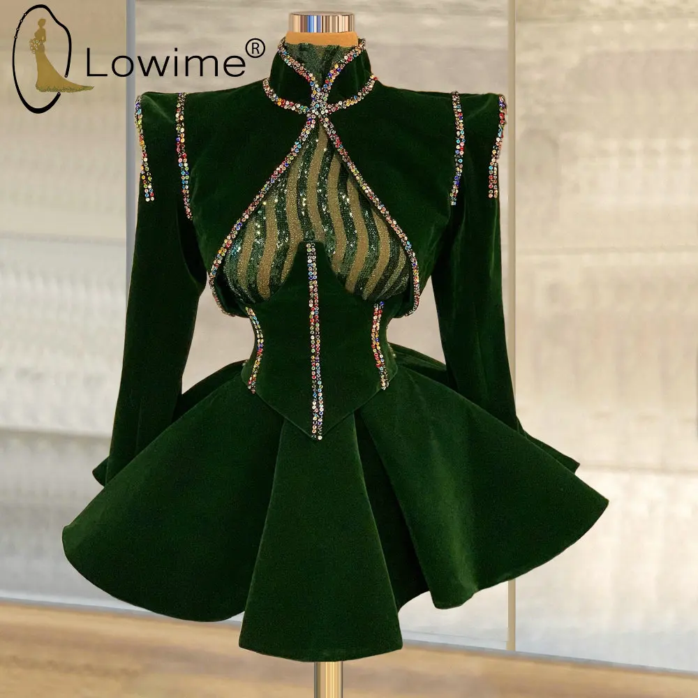 Derliaus Tamsiai Žalios spalvos ilgomis Rankovėmis Prom Dresses 2021 Dubajus arabų Aukštas Kaklas Trumpas Šalis, Chalatai Oficialią Suknelės Moterims 0
