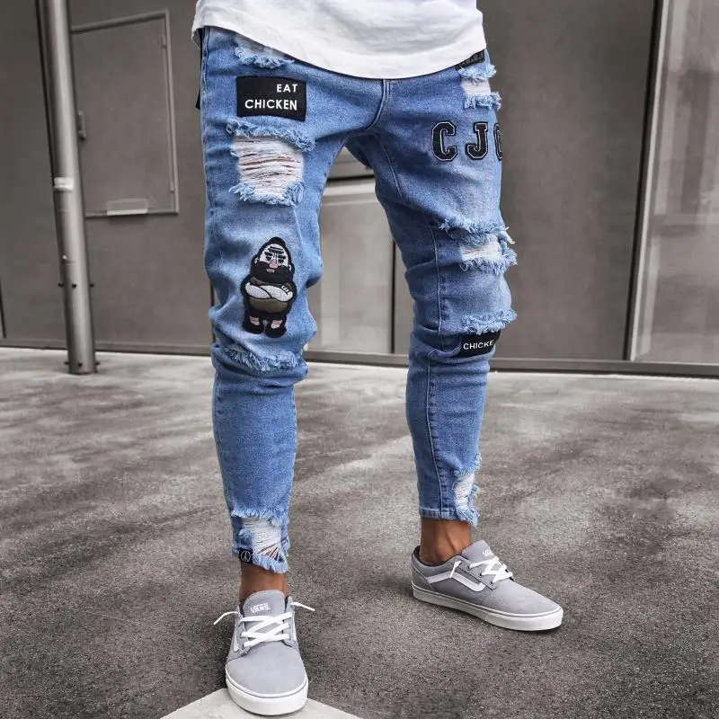 Vyrai Džinsai 2021 Naujas 3 Stilius Atsitiktinis Mados Liesas Ripped Jeans Siuvinėti Pieštuku Kelnes Labas Street Slim Ruožas Džinsinio Audinio Kelnės 0