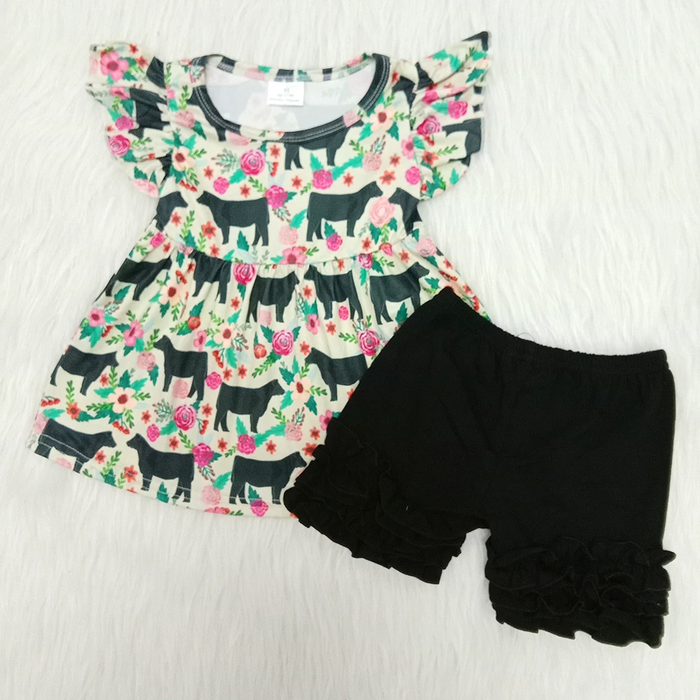 Vaikiška mergaitė kriaušių marškiniai ir juoda šortai 2 vienetų komplektas mergaitei trumpomis rankovėmis apranga gyvūnų ir rožių modelio drabužių rinkinys 0