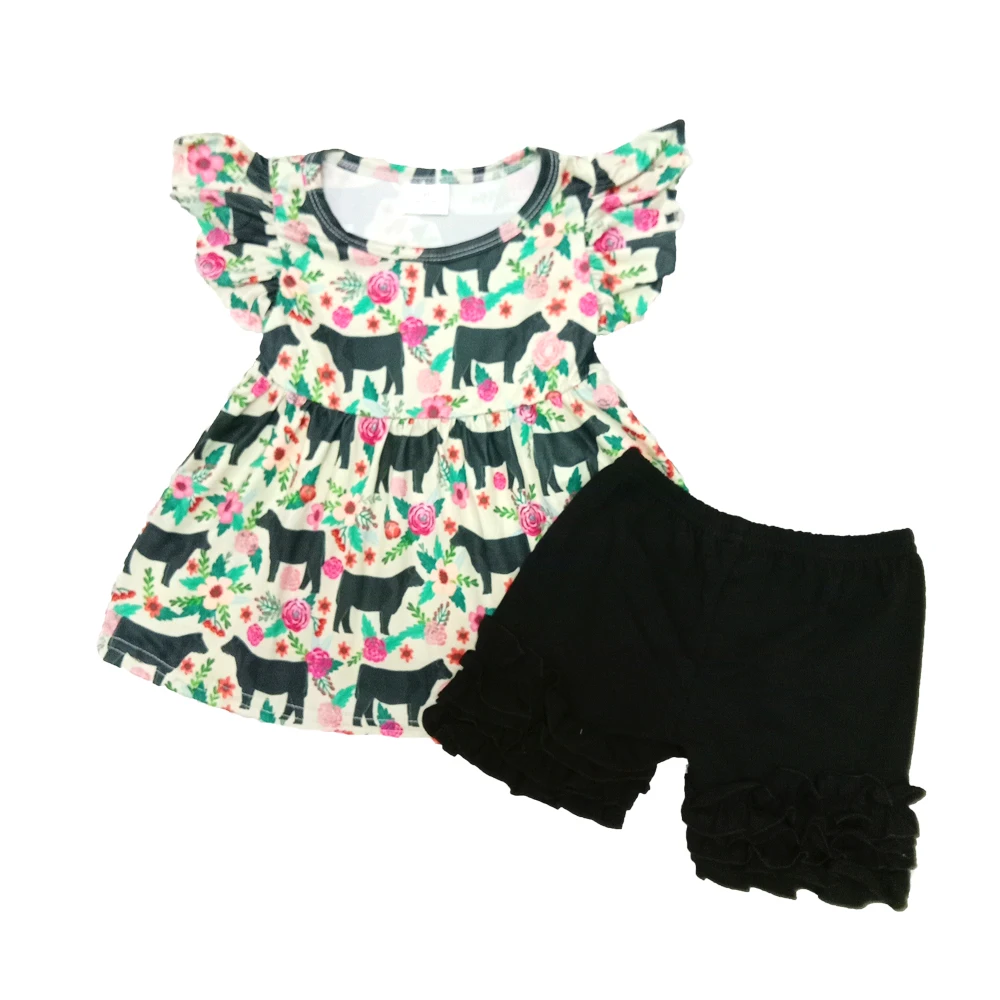 Vaikiška mergaitė kriaušių marškiniai ir juoda šortai 2 vienetų komplektas mergaitei trumpomis rankovėmis apranga gyvūnų ir rožių modelio drabužių rinkinys 1