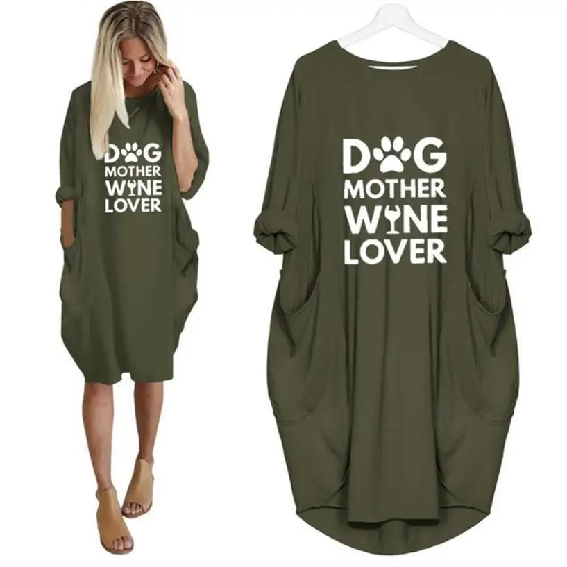 Mados Šunų Motina Vyno Mylėtojas Raides, Print T-Marškinėliai Moterims Kišenėje Harajuku Marškinėlius (T-Shirt Moterims Off Peties Viršūnės Grafinis 3