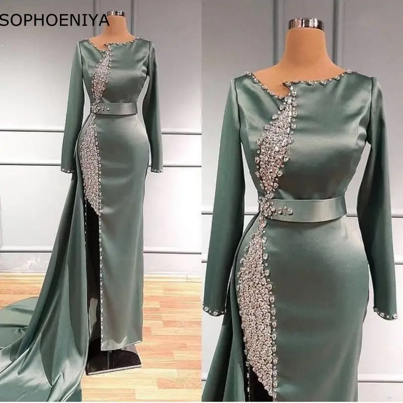 Naujas Atvykimo Satino Dangus Mėlynas Dubajus Vakaro suknelės ilgomis rankovėmis suknelė 2021 Kristalai Vakare Puošnios suknelės, Chalatas de bal femme longue 5