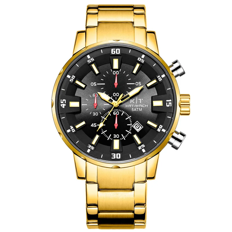 KAT-WACH Chronograph Vyrų Sportas Žiūrėti Vyrų Laikrodis Aukso 50M atsparumas Vandeniui Vyrų Riešo žiūrėti Relogio Masculino 2021 Nerūdijančio Plieno 4