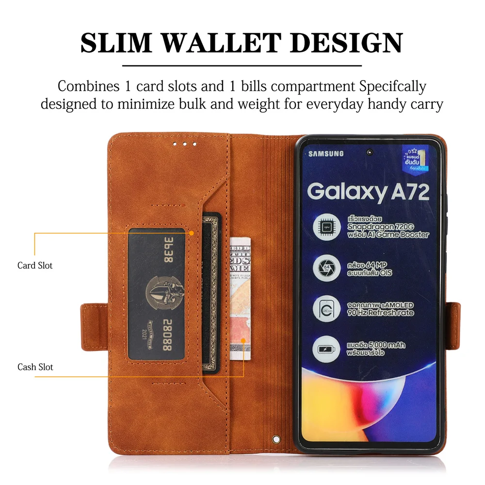 Prabangus Odinis Flip Case For Samsung Galaxy A72 A52 A42 A32 A12 A02 S A71 A51 Kortelių Lizdai Magnetinio Piniginės Stovėti Telefono Dangtelį Coque 2