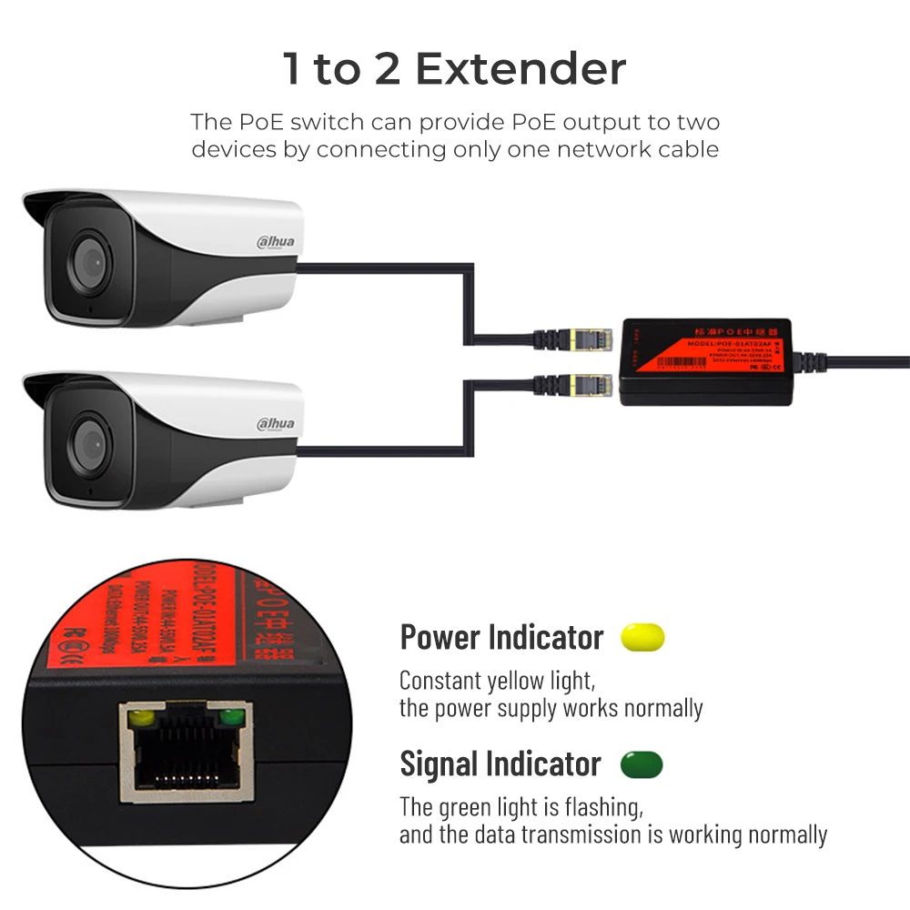 1 2 POE Injector network extender 100Mbps vaizdo kameros adapteris, splitter standartas DC44V-55V 0.5 kamera su POE kartotuvų 2