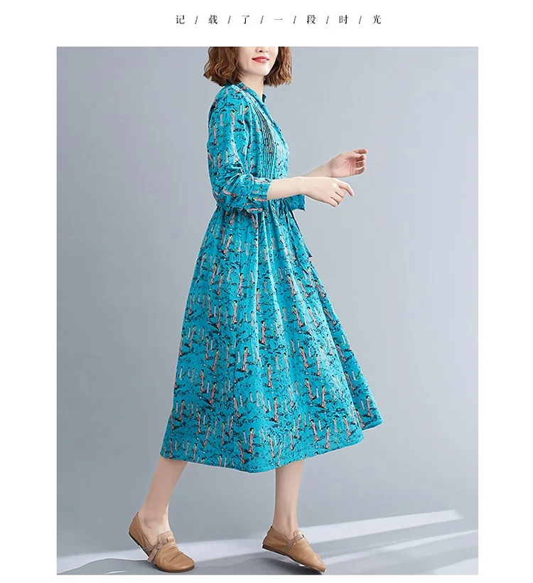 Ilgomis rankovėmis medvilnės skalbiniai derliaus gėlių suknelės moterims atsitiktinis palaidų pavasarį, rudenį suknelė elegantiškas drabužius 2021 1