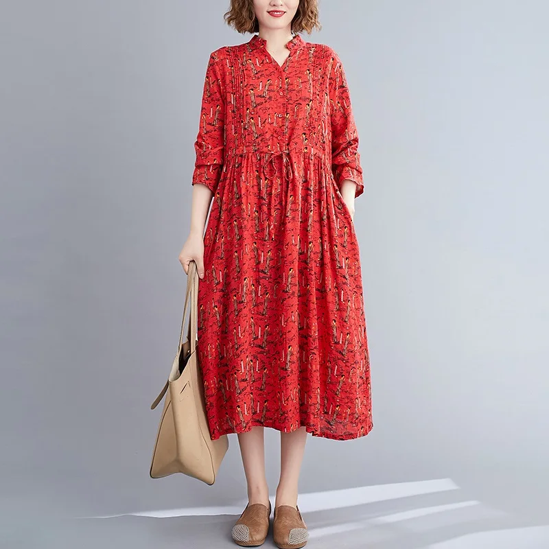 Ilgomis rankovėmis medvilnės skalbiniai derliaus gėlių suknelės moterims atsitiktinis palaidų pavasarį, rudenį suknelė elegantiškas drabužius 2021 2