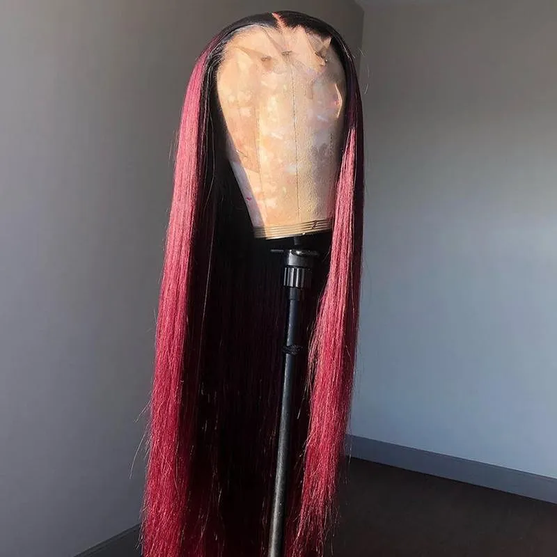 Peru Tiesūs Plaukai 13X6 Nėriniai Priekiniai Perukas Žmogaus Plaukų Perukai 1B99J Raudona Bordo Pre-Nupeštos 180% Remy Human Hair Giliai Dalis Perukai 1