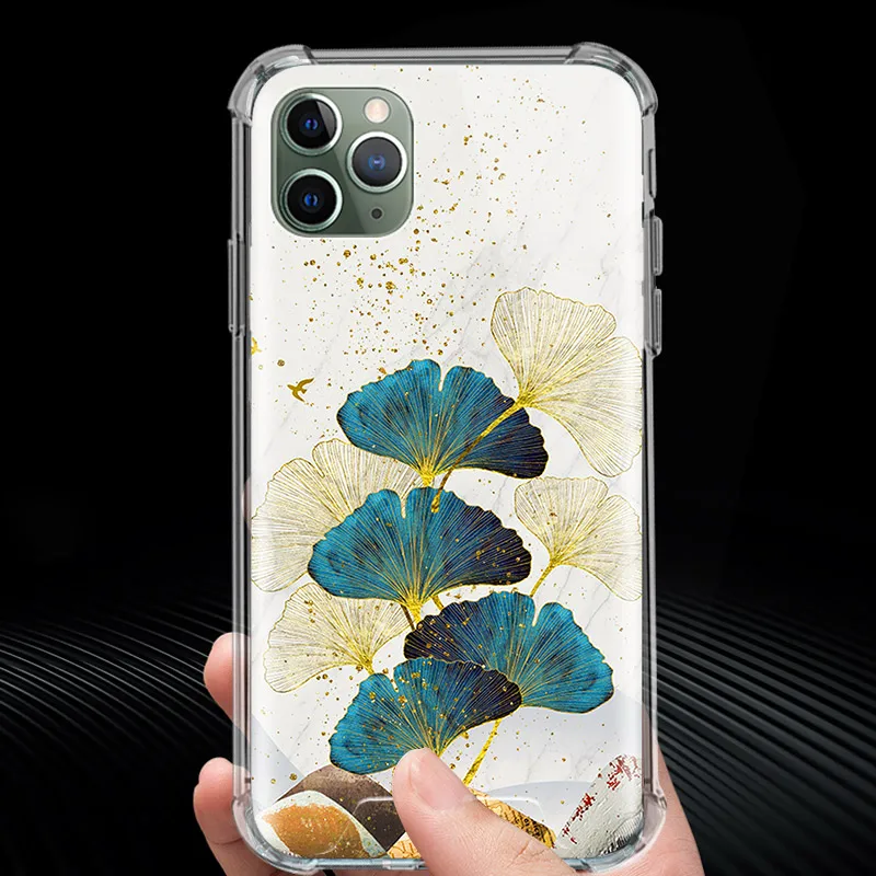 Soft Case for iPhone 11 12 Pro Max 7 8 Plus SE 2020 XR X XS Funda 6 6S Aišku, oro Pagalvė Telefono Dangtelį Shell Ginkmedžių Lapų Aukso Folija Meno 5