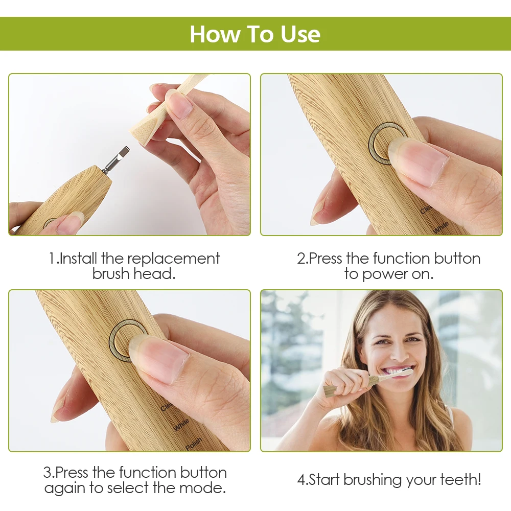 Mediniai Bambuko Elektros dantų šepetėlį USB Įkraunamas Dantų Šepetėliai Skalbti Elektroninių Balinimas Dantų Šepetėlis Burnos Priežiūros 5
