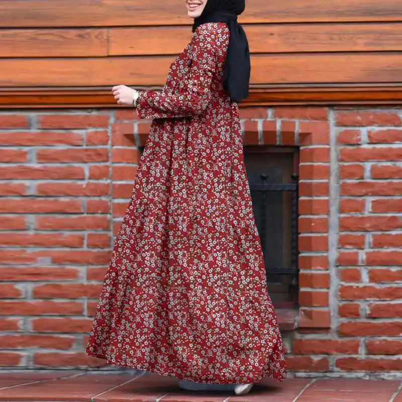 Mados 2021 Moterų Rudenį Musulmonų Kaftan Ilga Suknelė ZANZEA Elegantiškas Gėlių Spausdinti Vestidos Atsitiktinis ilgomis Rankovėmis Pynimas Turkija Hijab 0