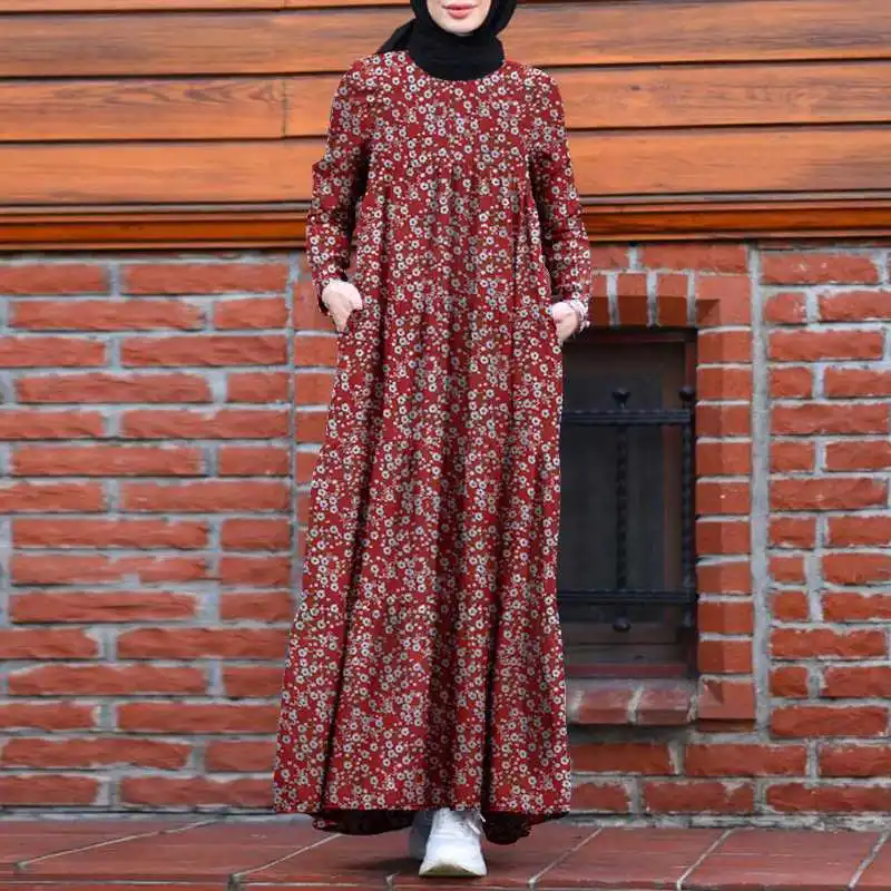 Mados 2021 Moterų Rudenį Musulmonų Kaftan Ilga Suknelė ZANZEA Elegantiškas Gėlių Spausdinti Vestidos Atsitiktinis ilgomis Rankovėmis Pynimas Turkija Hijab 3