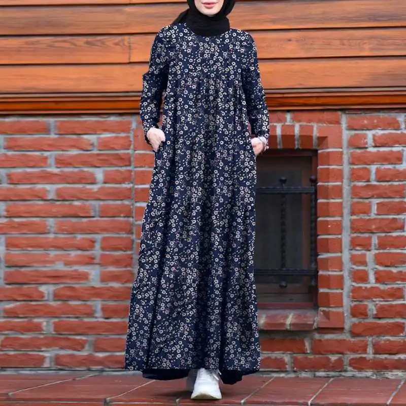Mados 2021 Moterų Rudenį Musulmonų Kaftan Ilga Suknelė ZANZEA Elegantiškas Gėlių Spausdinti Vestidos Atsitiktinis ilgomis Rankovėmis Pynimas Turkija Hijab 5