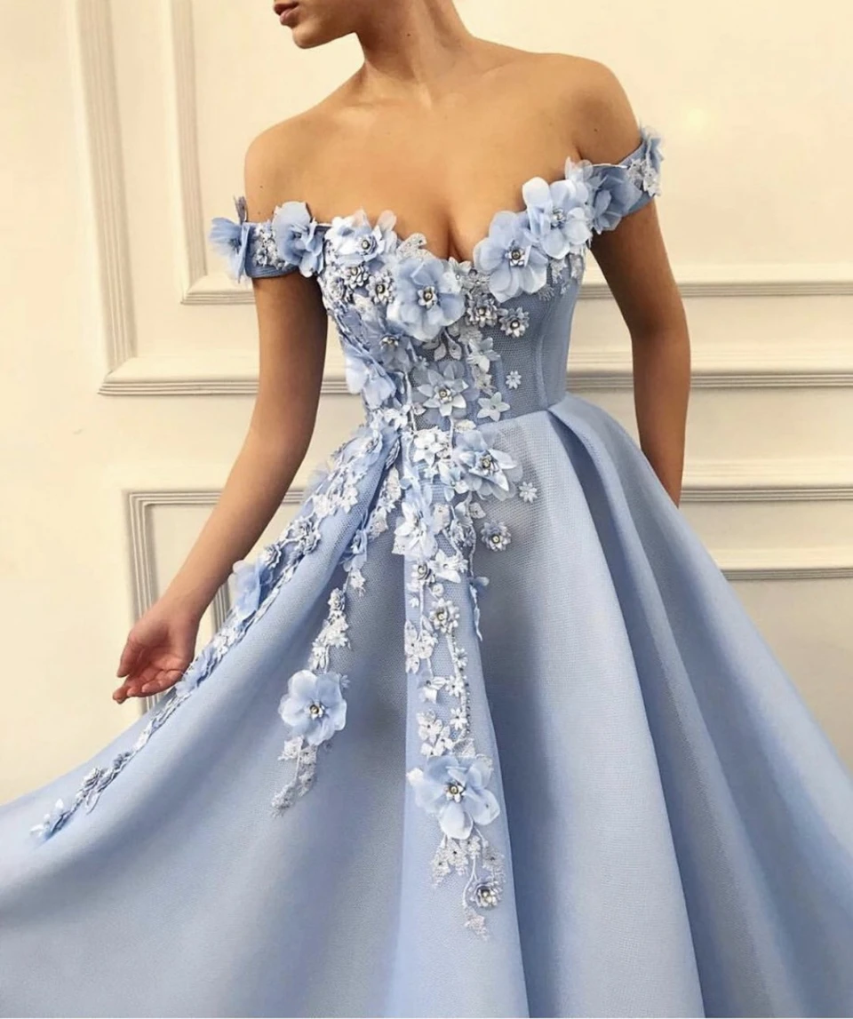 Off Peties Tiulio Prom Dresses 2021 Moterų Oficialus Vakarėlis Ilgai Vestidos De Gala Šviesiai Mėlyna Appliqus Elegantiška Vakaro Drabužiai 1
