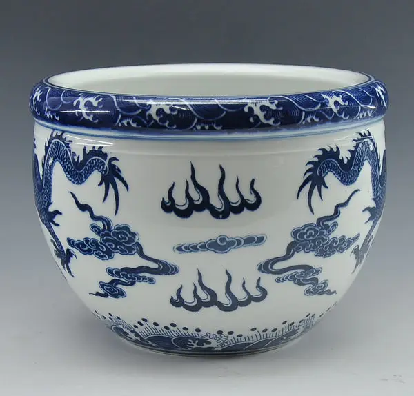 Kinijos Antikvariniai Atgaminti Mėlynos Ir Baltos Spalvos Porceliano Keramikos Žuvies Dubuo Vazonas Su Čing QianLong Ženklas 0