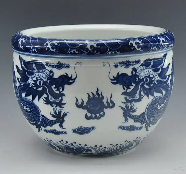 Kinijos Antikvariniai Atgaminti Mėlynos Ir Baltos Spalvos Porceliano Keramikos Žuvies Dubuo Vazonas Su Čing QianLong Ženklas 1