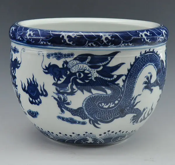 Kinijos Antikvariniai Atgaminti Mėlynos Ir Baltos Spalvos Porceliano Keramikos Žuvies Dubuo Vazonas Su Čing QianLong Ženklas 2