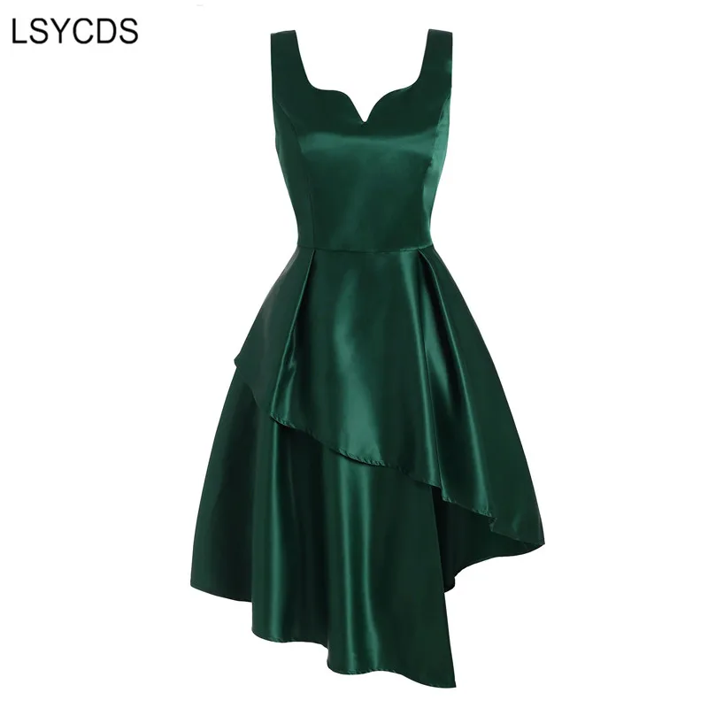 LSYCDS Brangioji Kaklo Green Satino Asimetriškas Hem Kietas Suknelės Rankovių Elegantiškas Šalis Drabužius, Plius Dydis Slim Moterų Suknelė 3