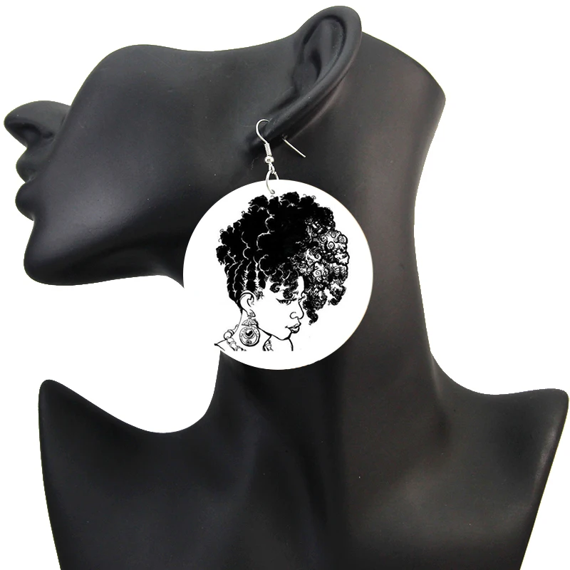 SOMESOOR Derliaus Afrikos Garbanotas Moters Portretas Mediniai Lašas Auskarai Afro Natūralių Plaukų Dizaino Dvigubo Pusių Spausdinimo Papuošalai 1Pair 4