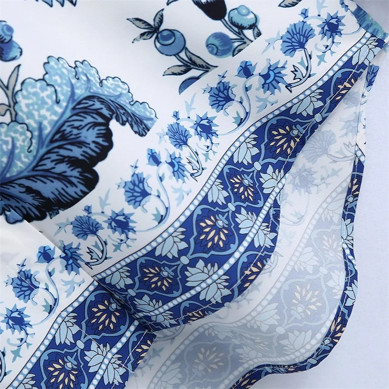 TRAF Moterų 2021 Mados Mėlynos ir Baltos spalvos Porceliano Atspausdinta Marškinėliai Retro ilgomis Rankovėmis Susegamas Palaidinė Blusas Streetwear 2