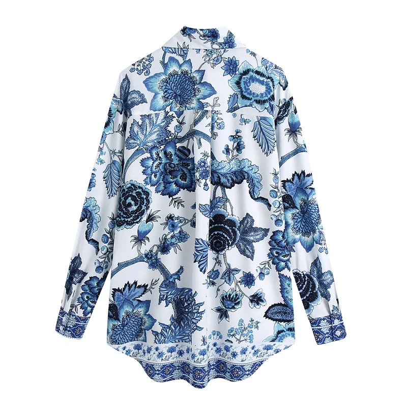 TRAF Moterų 2021 Mados Mėlynos ir Baltos spalvos Porceliano Atspausdinta Marškinėliai Retro ilgomis Rankovėmis Susegamas Palaidinė Blusas Streetwear 3