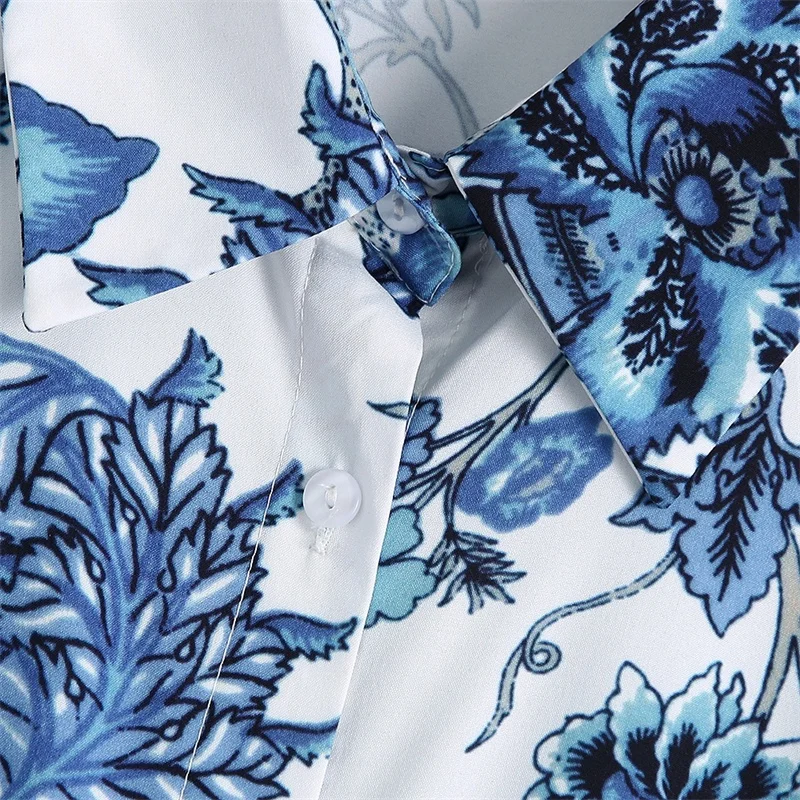 TRAF Moterų 2021 Mados Mėlynos ir Baltos spalvos Porceliano Atspausdinta Marškinėliai Retro ilgomis Rankovėmis Susegamas Palaidinė Blusas Streetwear 4