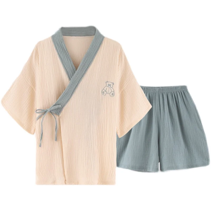 2021 Vasaros Candy Spalva-Japonų Kimono stiliaus Medvilnės Marlės, Moterų Pižamą Dviejų dalių Namus Paslaugų Yukata Nėriniai-up Pajama Rinkinys 2
