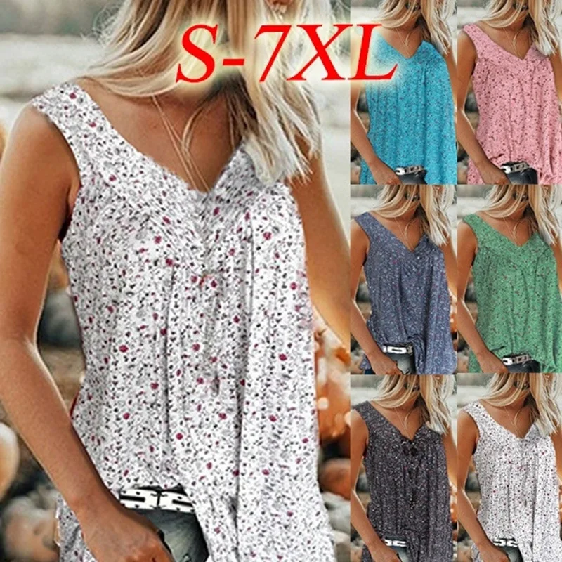 S-7XL Atsitiktinis Summer Tee Marškinėliai Tankai Moterų 2020 Seksualus V-Kaklo Boho Gėlių Spausdinti Paplūdimys Marškinėliai Prarasti Viršūnes 2XL 4