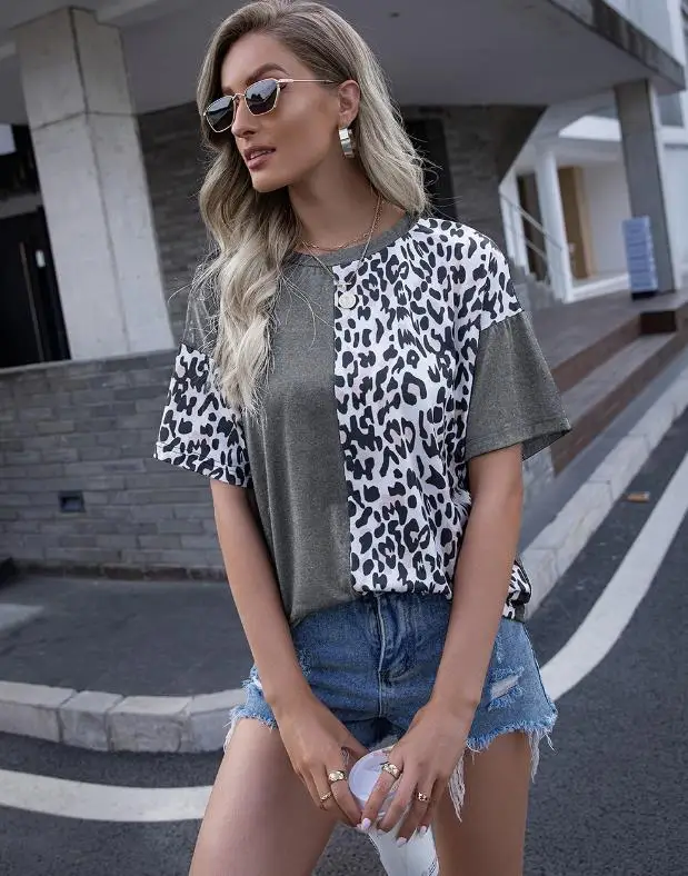 Mada vasarą moteris tshirts ponios leopardas spausdinti sujungimas apvalios kaklo trumpomis rankovėmis T-shirt tees vintage drabužių viršūnes vestidos 1