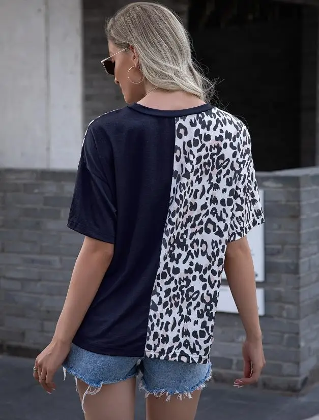 Mada vasarą moteris tshirts ponios leopardas spausdinti sujungimas apvalios kaklo trumpomis rankovėmis T-shirt tees vintage drabužių viršūnes vestidos 2
