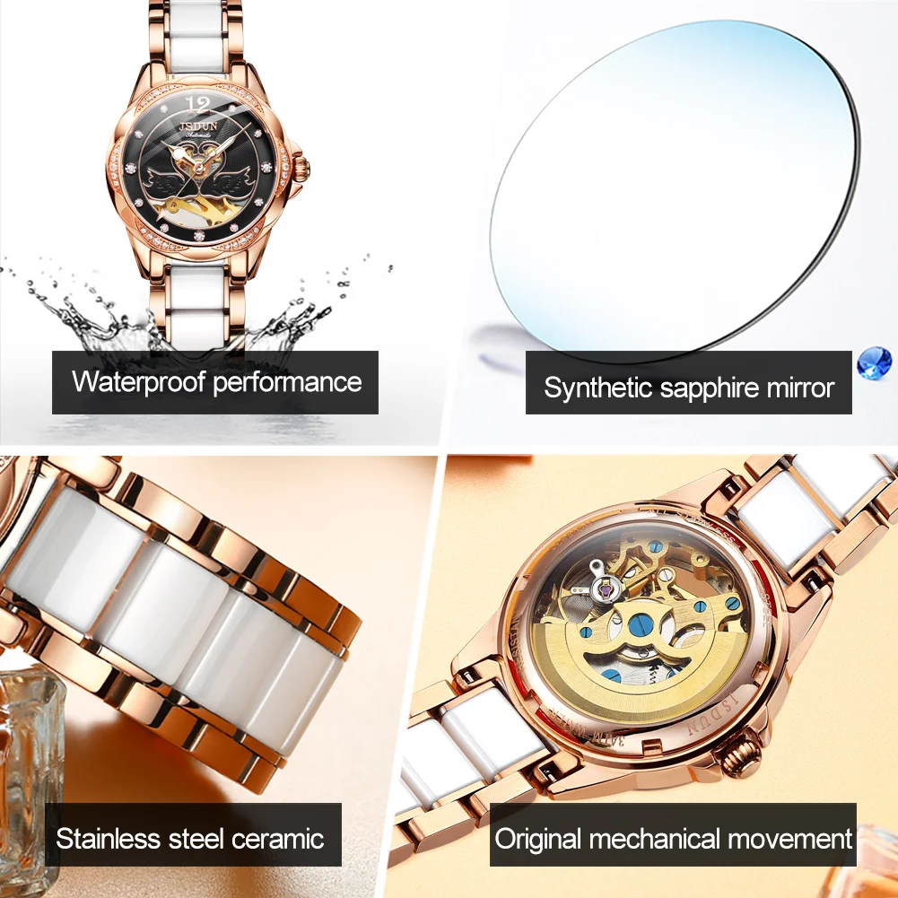 JSDUN Automatinis Mechaninis Laikrodis Top Brand Keramikos Vandeniui Elegantiškas Ponios Žiūrėti Prabanga Švytinčios Laikrodžiai Dovanos Moterims 0
